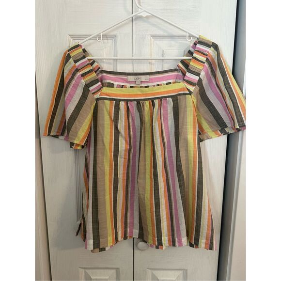 Loft Women's Striped Square Neck Blouse Green Pink Size XLP Petites - Picture 7 of 7